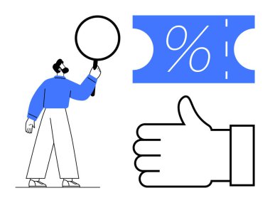Adam indirim biletine doğru büyüteç tutuyor yüzde işareti ve büyük baş parmaklar yukarı simgesi. İş tanıtımı, indirim analizi, olumlu geri bildirim, çevrimiçi alışveriş, müşteri alımı için ideal