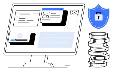 Bilgisayar monitörü e-posta, görüntü, video içeriği, asma kilitli kalkan ve bozuk para yığını gösteriyor. Siber güvenlik, dijital koruma, finans, çevrimiçi güvenlik veri gizlilik içeriği yönetimi için ideal