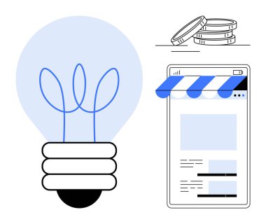 Yenilik için ampul, çevrimiçi iş için dijital cihazda mağaza önü, ve kazanç için para yığını. Girişimcilik, e-ticaret, teknoloji, büyüme, yenilik, ticaret finansmanı için ideal