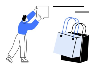 Eşyaları büyük bir alışveriş çantasına koyan kişi. E-ticaret, çevrimiçi alışveriş, perakende satış, tüketim, kolaylık, satın alma süreci, modern iş ve soyut düz metafor çizgisi için ideal