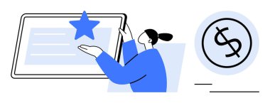 Tabletteki bir yıldıza doğru hareket eden bir kadın tanınma, ödül, finansal başarı, hedefler, motivasyon, başarı ve profesyonel gelişimi temsil ediyor. İş için ideal