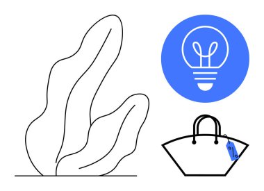 Mavi dairenin içindeki ampul ikonu, soyut bitki çizimi ve fiyat etiketli alışveriş çantası. Yaratıcılık, yenilik, alışveriş, sürdürülebilirlik, çevre dostu temalar, iş dünyası için ideal
