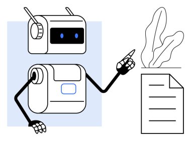 Yaprakların yakınındaki belgeye işaret eden anlamlı kolları olan dost canlısı robot, organizasyondaki yapay zekayı vurguluyor. Teknoloji, otomasyon, üretkenlik, yenilik, iletişim ve eğitim için ideal