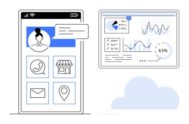 Kişi simgeleriyle akıllı telefon ekranı, mesaj baloncukları, kullanıcı profili ve bağlı analitik görüntüleme grafikleri. İş için ideal, veri yönetimi, iletişim, takım çalışması, ağ oluşturma