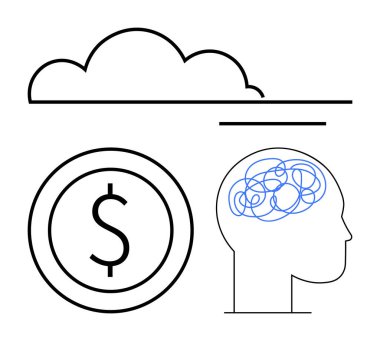 Bulut çizgisi, dolar parası ve ana hatlarıyla finans, teknoloji ve düşünceleri temsil eden beyin karalamaları. Teknoloji, finans, yaratıcılık, yenilikçi fikir üretimi bulut hesaplaması için ideal