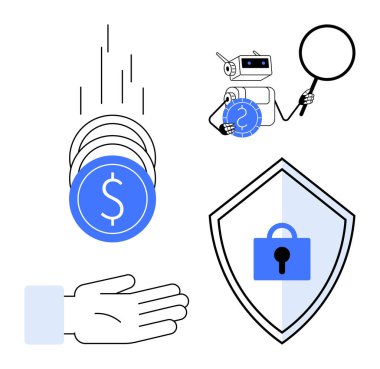 Bozuk paraları ve kalkanı kilit altında tutan robot, mali denetimlerde ve veri güvenliğinde yapay zekayı işaret ediyor. Fintech, siber güvenlik, teknoloji entegrasyonu, finans yönetimi, yapay zeka uygulamaları, dijital