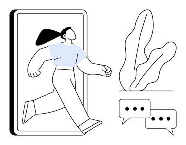 Akıllı telefon çerçevesinden çıkan bir kadın, yanında yapraklı bitkiler ve mesaj baloncukları var. Teknoloji, iletişim, hareketlilik, bağlantı, sanal etkileşim, yaratıcılık, düz basit