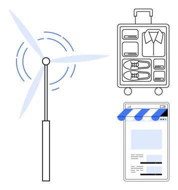 Rüzgar türbini enerji üretiyor, kategorize eşyalar ile seyahat valizleri ve çevrimiçi bir mağaza arayüzü. Çevre dostu yaşam, seyahat planı, e-ticaret, organizasyon, temiz enerji için ideal