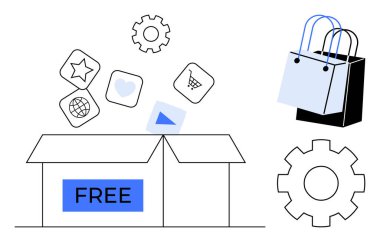 Açık kutuda yıldız, kalp, oyun tuşu, el arabası ve dünya ikonları var. Vites ve alışveriş çantası. Çevrimiçi alışveriş, pazarlama, e-ticaret yazılım dijital içerik promosyonları için ideal