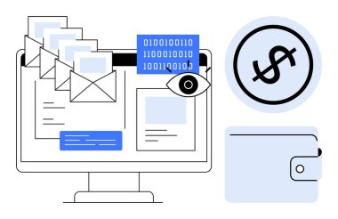 Veri güvenliği, iletişim ve finans konularını vurgulayan e-posta, ikili kod, göz sembolü, cüzdan ve para simgesi içeren bilgisayar ekranı. Teknoloji ve gizlilik iletişimi için ideal finans