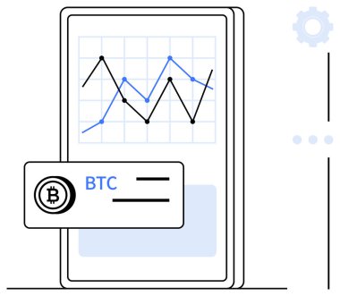 BTC etiketli bir akıllı telefon ekranında Bitcoin fiyat eğilimlerini analiz eden dijital grafik. Kripto para birimi, engelleme zinciri, ticaret, finans, teknoloji, yatırım, ekonomi düz metaforu için ideal