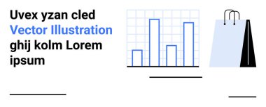 Veri eğilimlerini gösteren bar tablosu, yer tutucu metni ve alışveriş poşeti görüntülerini içeren düz metin. E-ticaret, analitik, finans, perakende, veri sunumu, pazarlama görselleri için ideal