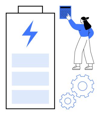 Kadın, enerji verimliliğini, teknoloji kullanımını, problem çözmeyi ve yenilenebilir enerjiyi sembolize eden büyük bir pil ve dişlilerin yanında hesap makinesine basıyor. Enerji, üretkenlik ve yenilik için ideal