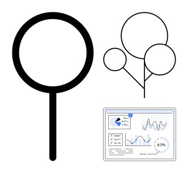 Büyüteç, dal yapısı ve analitik gösterge paneli araştırma, organizasyon ve ilerlemeyi iletir. Analiz, büyüme, planlama, strateji eğitimi için ideal. Düz basit metafor