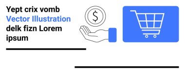 Bir alışveriş arabası ikonunun yanında madeni para sunmak, ticareti, e-ticareti, alışverişi, alışverişi ve tüketici etkinliğini sembolize ediyor. Çevrimiçi mağaza, ödeme sistemi ve finans hizmeti için ideal