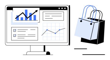 Bilgisayar ekranında veri analizi, yukarı doğru yükselen grafikler, kontrol listesi ve alışveriş torbaları. E-ticaret, iş performansı, pazar eğilimleri, çevrimiçi alışveriş, analitik, büyüme stratejisi için ideal