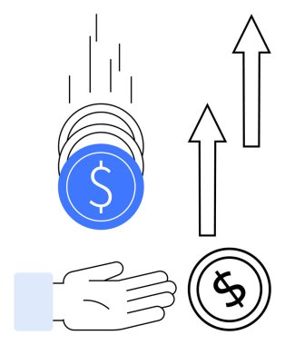 Açık bir elin içine düşen paralar gelir, gelir ya da bağışı simgeler. Yukarı çıkan oklar büyümeyi, başarıyı ya da ilerlemeyi temsil eder. Finans, iş, yatırım hayır kurumu ekonomisi için ideal