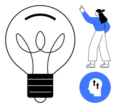 Sıradan giyinmiş bir kadın, bir jest ile yukarıya doğru işaret ediyor, büyük ampul fikirleri sembolize ediyor, yaratıcı potansiyel. Oklu baş simgesi büyümeyi, gelişmeyi ve öğrenmeyi görselleştiriyor. İdeal