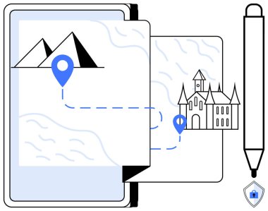 Dağlı bir harita ve yol işaretli bir şatoya giden yol broşu. Macera, seyahat, seyrüsefer, keşif, planlama, amaç belirleme, keşif için ideal. Soyut çizgi düz metafor