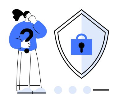 Bireysel soru işareti, büyük kalkanın yanında duruyor, kilit, 3 nokta ve yatay çizgi. Siber güvenlik, veri koruması, gizlilik politikası, çevrimiçi güvenlik, güvenlik protokolleri için ideal