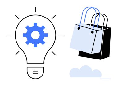 Teçhizatlı ampul, yeniliğin simgesi, iki alışveriş çantasının yanında. Perakende satış, alışveriş, yenilik, e-ticaret, perakende yaratıcı çözümler pazarlama stratejisinde teknoloji için idealdir. Soyut çizgi