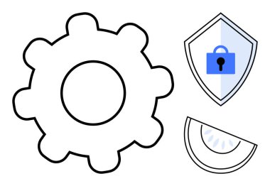 Verimlilik için vites, güvenlik için kalkan, veri analizi için pasta çizelgesi. Üretkenlik, siber güvenlik, koruma, veri segmentasyonu, istatistiksel analiz, mekanik