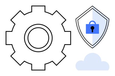 Ayarlar için dişli dişli, koruma için güvenlik kalkanı ve bulut hesaplama için bulut. Siber güvenlik, veri yönetimi, bulut hizmetleri, bilişim çözümleri, dijital koruma, çevrimiçi için ideal