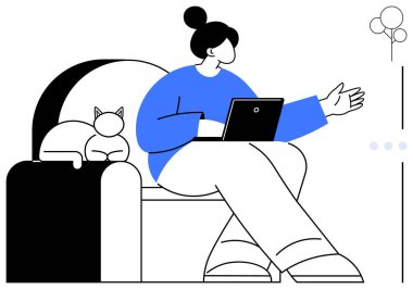 Koltuğunda oturan bir kadın dizüstü bilgisayar kullanıyor, el kol hareketi yapıyor, kedisi yanında dinleniyor. Evden çalışma, üretkenlik, rahatlama, uzaktan çalışma, çoklu odaklanma rahatlığı için idealdir. Düz basit metafor