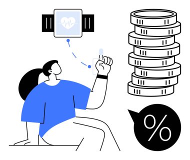 Kadın, sağlık, teknoloji ve finansal refahı sembolize eden, hayati göstergeler gösteren fitness takip cihazını izliyor. Sağlık, finans, teknoloji, üretkenlik, kişisel bakım ve yaşam tarzı için idealdir. Düz basit