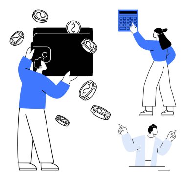 Cüzdan boşalan bozukluklar, hesap makinesiyle etkileşime giren bir kadın, yukarı doğru hareket eden bir kişi. Finans, tasarruf, bütçe, gider kontrolü, gelir planlama, zenginlik görselleştirme için idealdir. Basit.