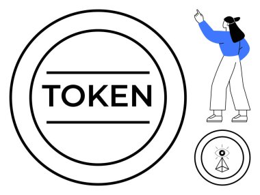 Kalın metinli büyük dairesel simge, keşif için yukarıya bakan insan, daha küçük sembolik sikke tasarımı. Kripto para birimi, yatırım, blok zinciri, fintech, markalaşma, yenilik düzlüğü için idealdir