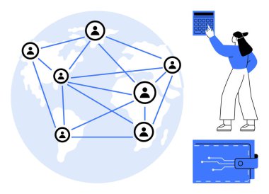 İnsanlar bir dünya haritası üzerinde birbirleriyle bağlantılı, cihazla hesaplama yapan bireyler, yakınlarda dijital cüzdanlar. Küresel ağ, iletişim, işbirliği, işlemler, fintech, engelleme zinciri için ideal