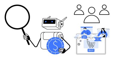 Robot, büyüteç ve para birimi sembolü satın alma düğmesiyle e-ticaret arayüzü, müşterileri temsil eden insan simgeleri tutuyor. Çevrimiçi alışveriş, dijital pazarlama, finans teknolojisi, yapay zeka için ideal
