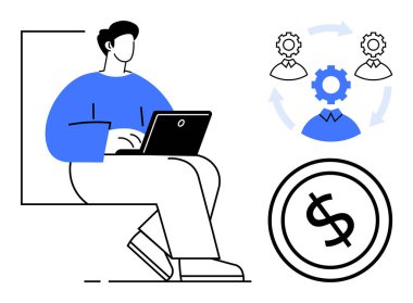 İşbirliği, verimlilik, finans, yönetim, karlılık, dijital iş, iş gücü verimliliğini temsil eden dizüstü bilgisayar, takım çalışması döngüleri ve dolar ikonu kullanan bir adam. İş için ideal