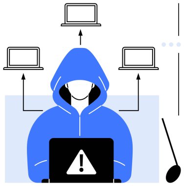 Kapüşonlu bilgisayar korsanı uyarı simgesiyle dizüstü bilgisayar kullanıyor, oklar birden fazla dizüstü bilgisayara veri akışını gösteriyor. Veri güvenliği, hackleme, siber suç, bilgi ihlali, dolandırıcılık, dijital güvenlik, risk için ideal