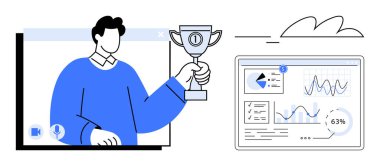 Sanal konferans sırasında ödülü elinde tutan kişi başarılı olduğunu gösteriyor. Yanındaki analitik çizelgeler ilerlemeyi, başarıyı ve büyümeyi vurguluyor. Takım çalışması için ideal, üretkenlik, başarı, veri