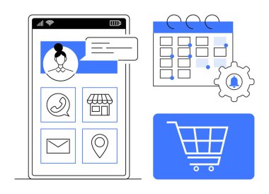 Temas, konum, alışveriş arabası simgeleri, takvim ve ayarları olan akıllı telefon ekranı. Ekommerce, zamanlama, mesaj planlama otomasyon dijital araçları üretkenliği için idealdir. Düz basit