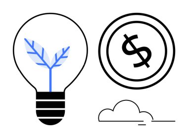 Ampulün içinde büyüyen bitki, daire şeklinde dolar işareti ve bulut şekli. Sürdürülebilirlik, yenilik, çevre bakımı, mali büyüme, yeşil enerji, eko-ticaret ekonomik ilerleme için ideal