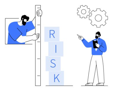 Meslektaşı pano ile analiz ederken adam RISK yazım bloklarını üst üste yığıyor. Strateji, takım çalışması, analiz, yönetim, liderlik, planlama, değerlendirme için ideal. Düz basit metafor