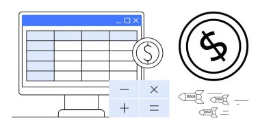 Hesap tablosu, dolar bozuk para, hesap makinesi düğmeleri ve uçan dolar sembolleri olan bilgisayar monitörü. Finans, bütçe, muhasebe, analitik, iş stratejisi karlılığı dijital ekonomi için ideal