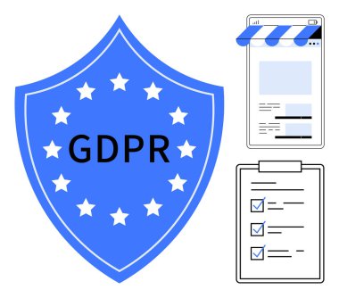 Yıldızlarla çevrili mavi GDPR kalkanı işaretli kutular ve özel afiş ile bir web arayüzü. Veri koruması, uyum, gizlilik politikası, hukuki kavramlar, çevrimiçi güvenlik için ideal