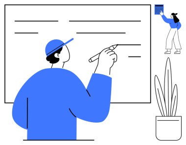 Öğrenci not defteri kullanarak katkıda bulunurken öğretmen beyaz tahtada içeriği açıklıyor. Yakınlarda saksı bitkisi var. Eğitim, öğretim, işbirliği, öğrenme, takım çalışması, yaratıcılık artışı için ideal. Düz