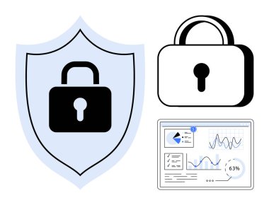 Kalkana kilitlen ve gösterge paneli analizleriyle eşleştirilmiş asma kilit veri koruması. Siber güvenlik, şifreleme, gizlilik, analitik, çevrimiçi güvenlik, güvenli erişim ve teknoloji için ideal. Düz basit