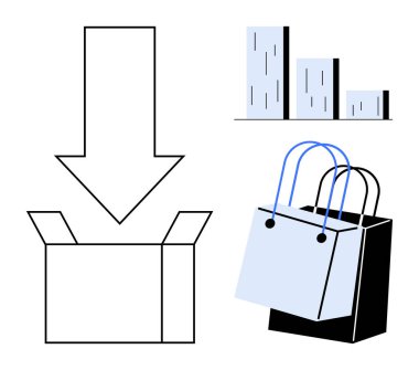 Aşağıya doğru ok, istiflenmiş alışveriş torbaları ve çubuk grafiği olan kutuyu aç. E-ticaret, çevrimiçi alışveriş, lojistik, perakende analizi, envanter yönetimi satış satış büyüme eğilimleri için idealdir. Soyut
