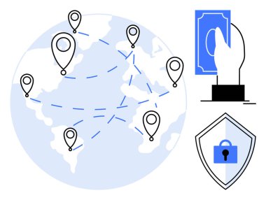 El, dünyanın yanında yer belirleme noktalarıyla ve kilitli kalkanlarla para tutuyor. Finans, güvenlik, küresel işletme, çevrimiçi işlemler, dijital ödemeler, veri koruması, seyahat için ideal. Soyut çizgi