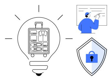 Organize bagajlı ampul, beyaz tahtaya resim çizen kişi ve kilitli kalkan. Seyahat planlaması, iş stratejisi, yenilik, güvenlik, eğitim, üretkenlik kavramı için ideal