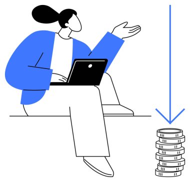 Dizüstü bilgisayarda çalışan, bozuk para yığınlarına el kol hareketi yapan ve para kaybını sembolize eden bir kadın. Ekonomi, finans, bütçe, yatırım, borç, maliyet yönetimi, tasarruf temaları için ideal