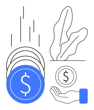 Büyüme çubuklarının önüne bozuk paralar düşüyor, madeni parayı tutan bir el ve sürdürülebilirliği temsil eden paralar bırakılıyor. Finans, yatırım, tasarruf, büyüme, ekonomi ve çevre dostu girişimler için ideal bütçe