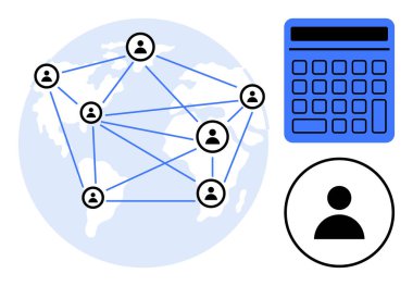 Veri analizi için hesap makinesiyle eşleştirilmiş dünya haritası boyunca birbirine bağlı kullanıcı simgeleri. Takım çalışması, bağlantı, küresel sosyal yardım, teknoloji ve analitik için ideal