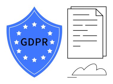 Yıldızlar, yasal belgeler ve bulutlarla GDPR etiketli mavi bir kalkan. Veri gizliliği, güvenlik, uyum, düzenleme, koruma, şeffaflık deposu için ideal. Düz basit metafor